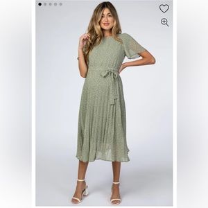 PinkBlush - Light Olive Leaf Print Pleated Maternity Midi Dress